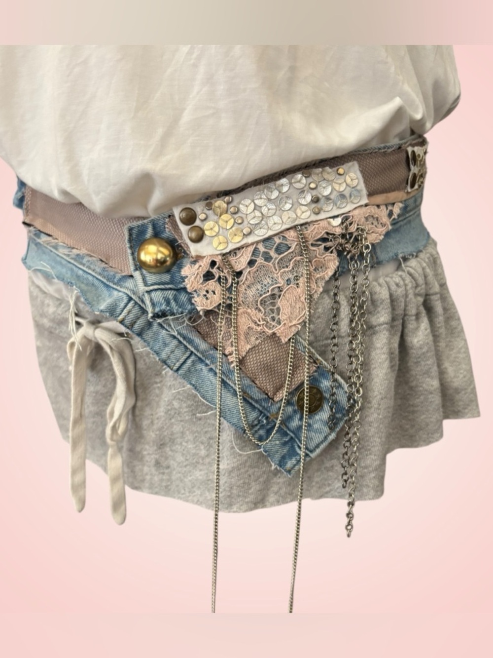 Boho Lace, Denim & Chain Decorative Belt in Blush Pink Custom OOAK Small/Med